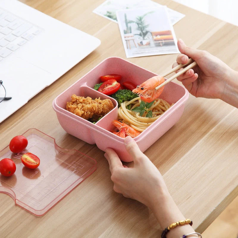 Japanese-style student bento box with silicone seal, microwave-safe, includes spoon and chopsticks
