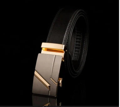 Men's automatic buckle leather belt with gold buckle head, 3.55cm width