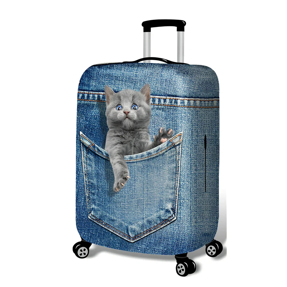 Blue cartoon polyester luggage cover on 24-inch suitcase with pole case, fitting 18-32 inch sizes securely
