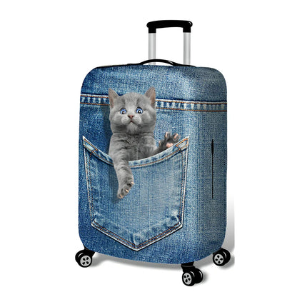 Blue cartoon polyester luggage cover on 24-inch suitcase with pole case, fitting 18-32 inch sizes securely