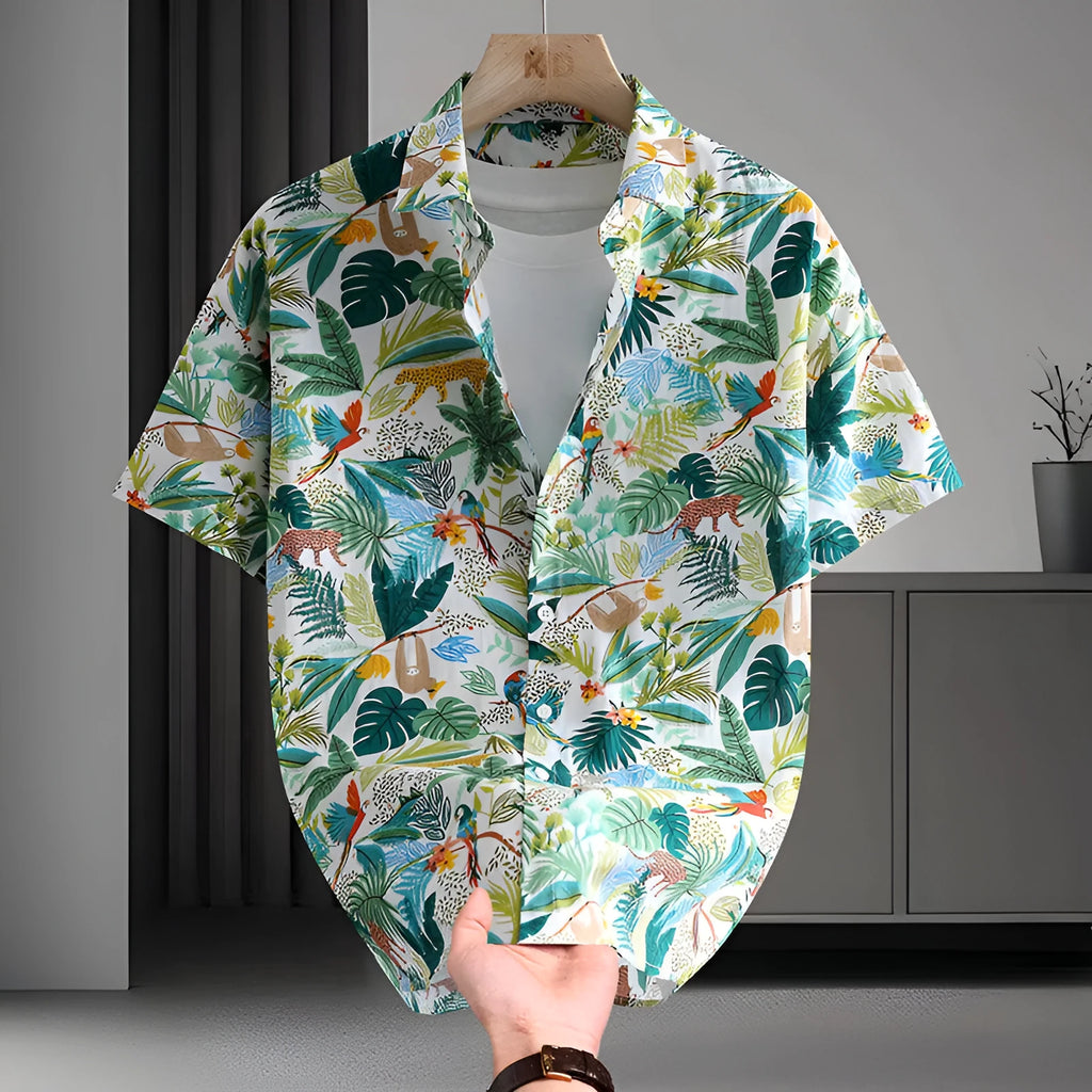 Men's short sleeve cotton shirt with colourful Hawaiian floral print, cardigan style.