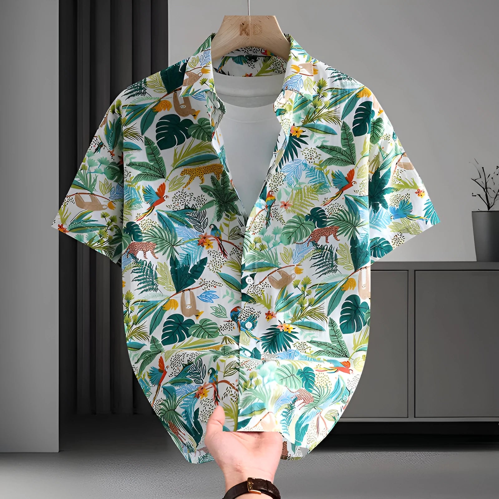 Men's short sleeve cotton shirt with colourful Hawaiian floral print, cardigan style.