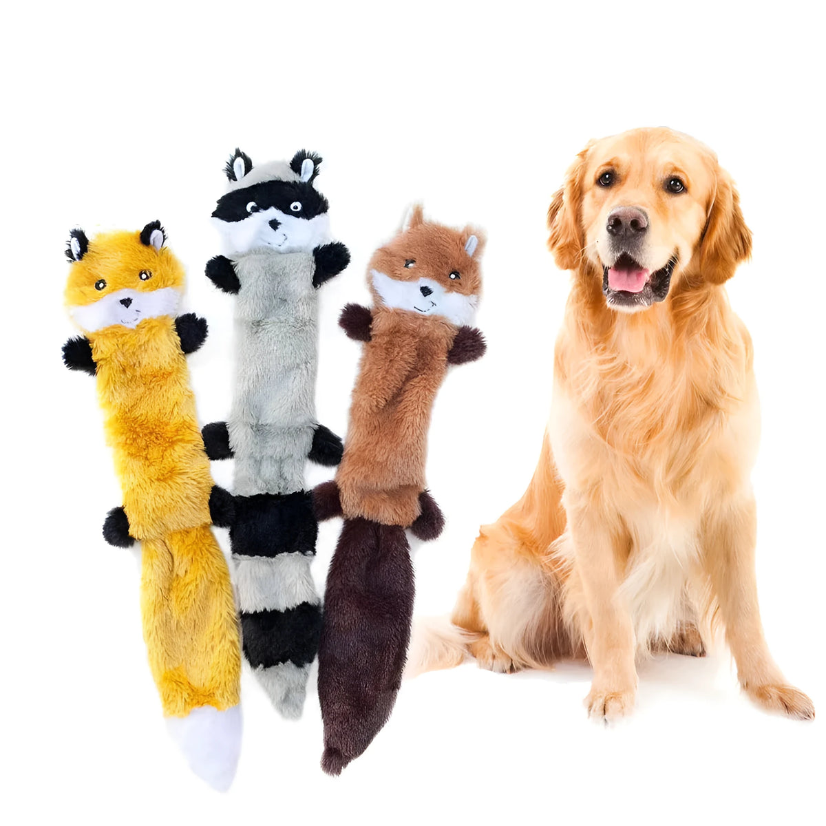 46cm plush dog toy with squeaker in brown, carrot, grey, or yellow colour options