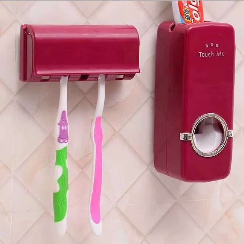 White or wine red plastic and silicone wall-mounted toothbrush holder set with pump dispenser for bathroom organisation