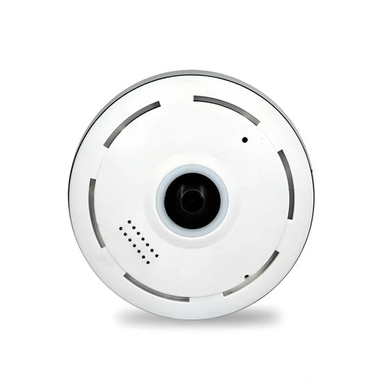 White Cobell 960P WiFi IP camera with 360 degree lens, night vision up to 15m, mounted on ceiling for home security