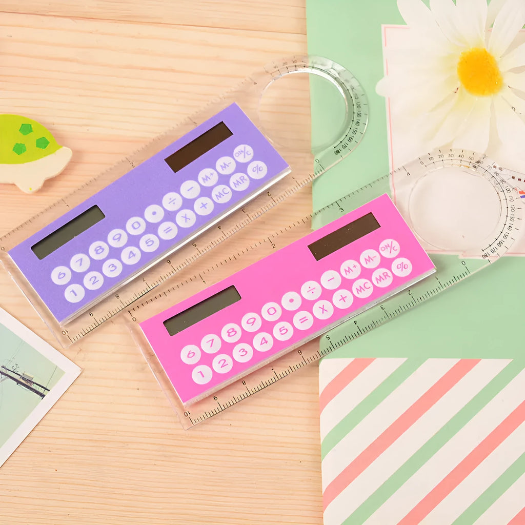 Solar powered mini ruler calculator with transparent touchscreen screen and 8-digit display on a white background
