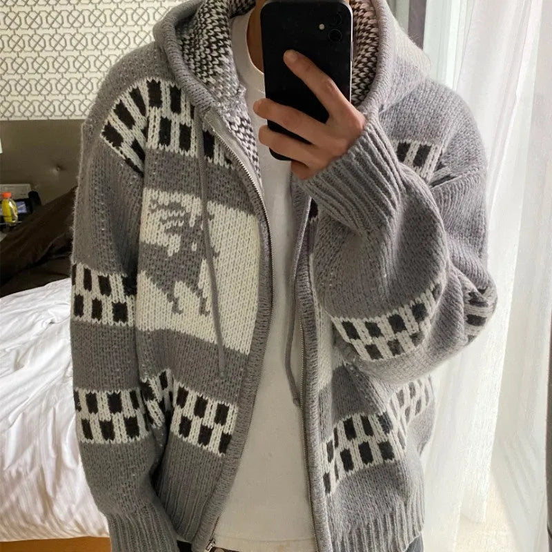 Jacquard Christmas zipper cardigan knitted coat loose fit youth leisure apricot gray imitation mink polyester