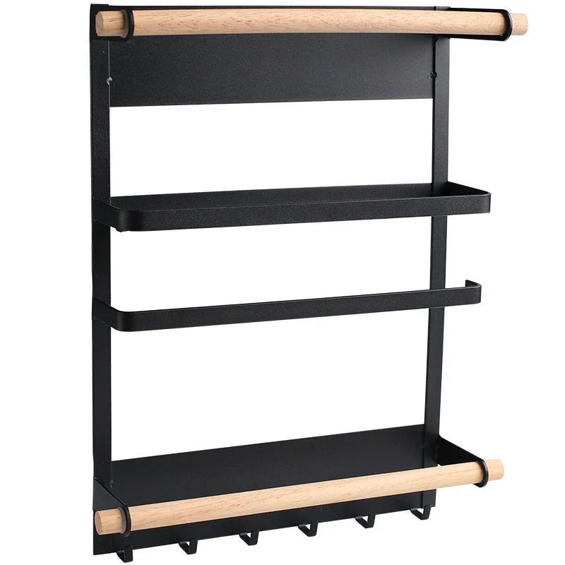 Magnetic refrigerator side rack in black and white, with hooks and wooden bar for kitchen organisation
