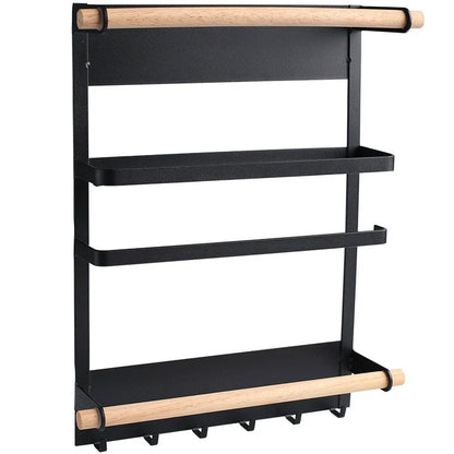 Magnetic refrigerator side rack in black and white, with hooks and wooden bar for kitchen organisation