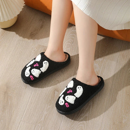 Cozy Halloween cartoon ghost slippers with soft cotton construction and non-slip soles for indoor wear