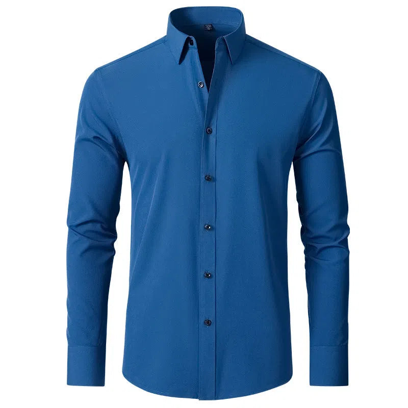 Men's solid colour slim fit polyester long sleeve business shirt in white and blue on a model