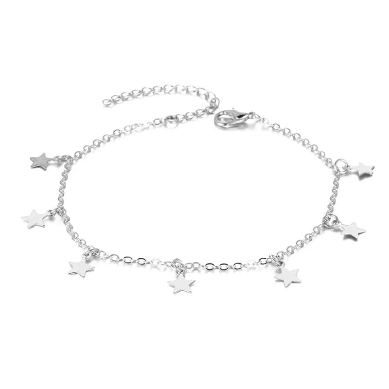 Double-layered anklet with retro beach ball chain and heart-shaped charm in gold and silver