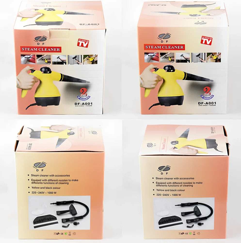 Yellow handheld steam cleaner with 450ml tank, 26 x 21cm size, 1882g weight for home sanitising
