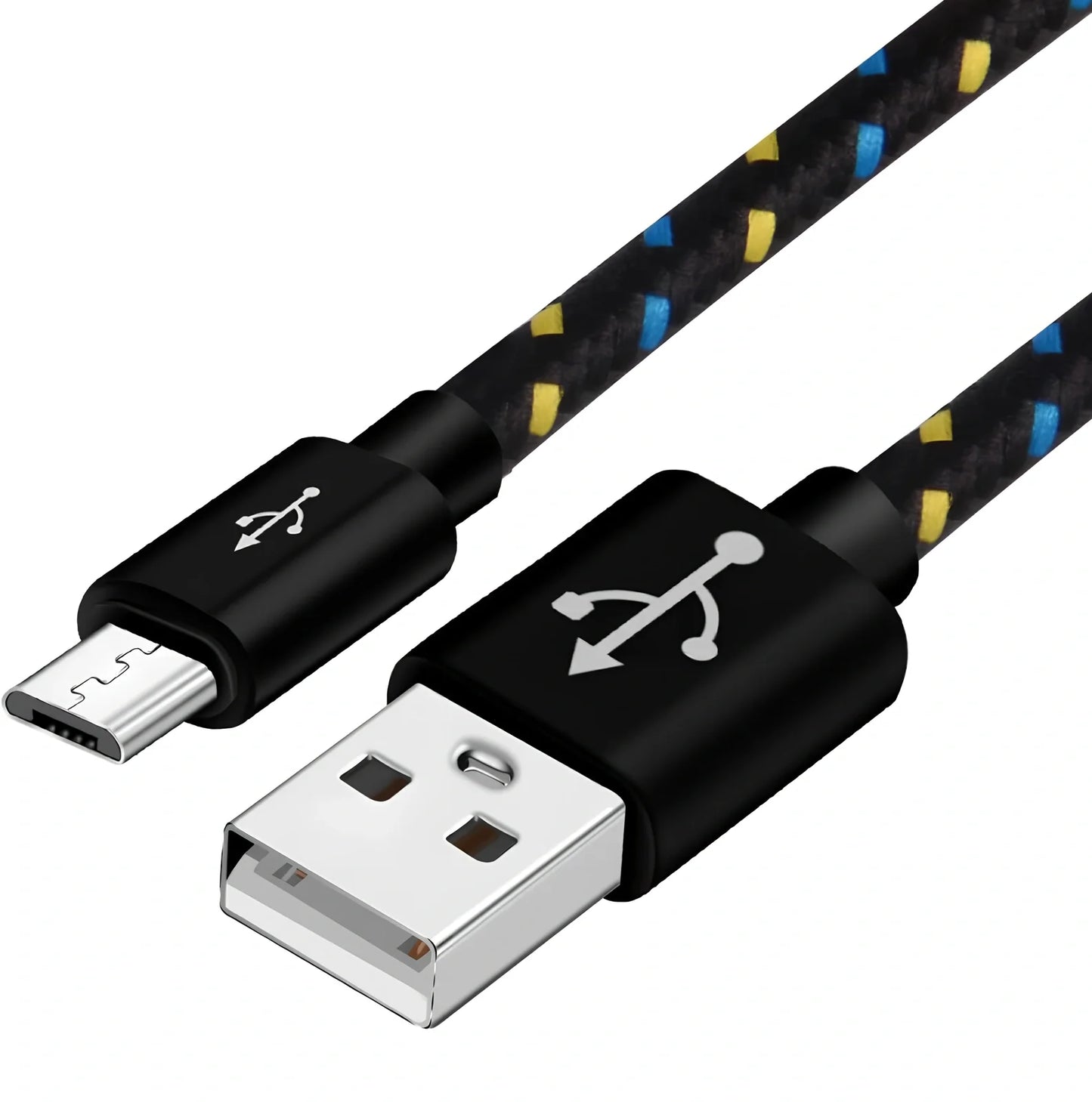 Woven nylon cloth data cable in multiple colours showing Android micro and USB-C connector options