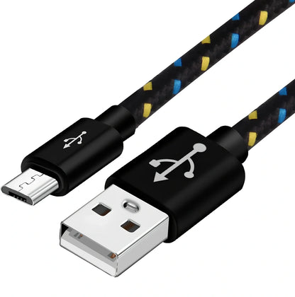 Woven nylon cloth data cable in multiple colours showing Android micro and USB-C connector options