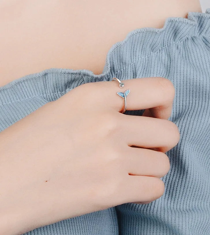 Blue mermaid tail cuff ring with cubic zirconia and epoxy accents, adjustable 17mm, white gold finish