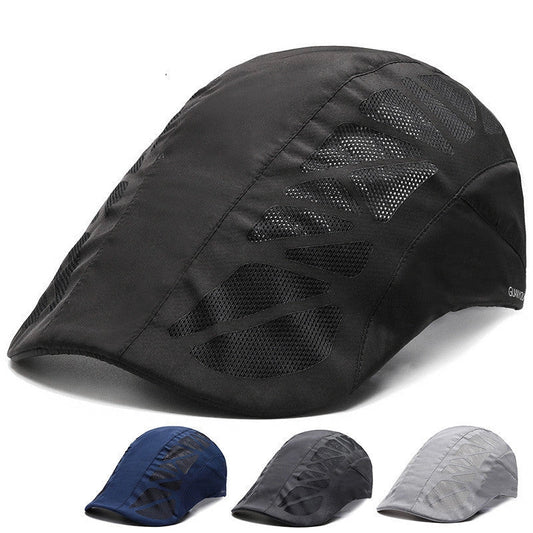Breathable mesh beret hat in black, gray, dark gray, and navy blue with adjustable fit