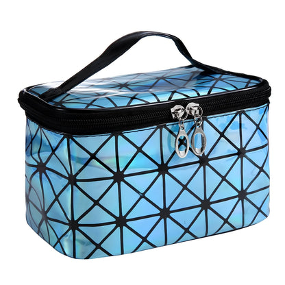 3D laser engraved cosmetic bag in blue, 19cm x 12cm x 13cm, with structured compartments for makeup storage