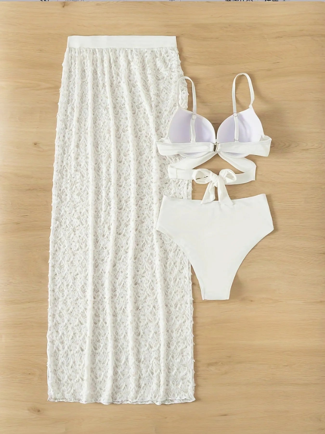 White three-piece swimsuit set with gathered long skirt, top, and briefs for swimming sports