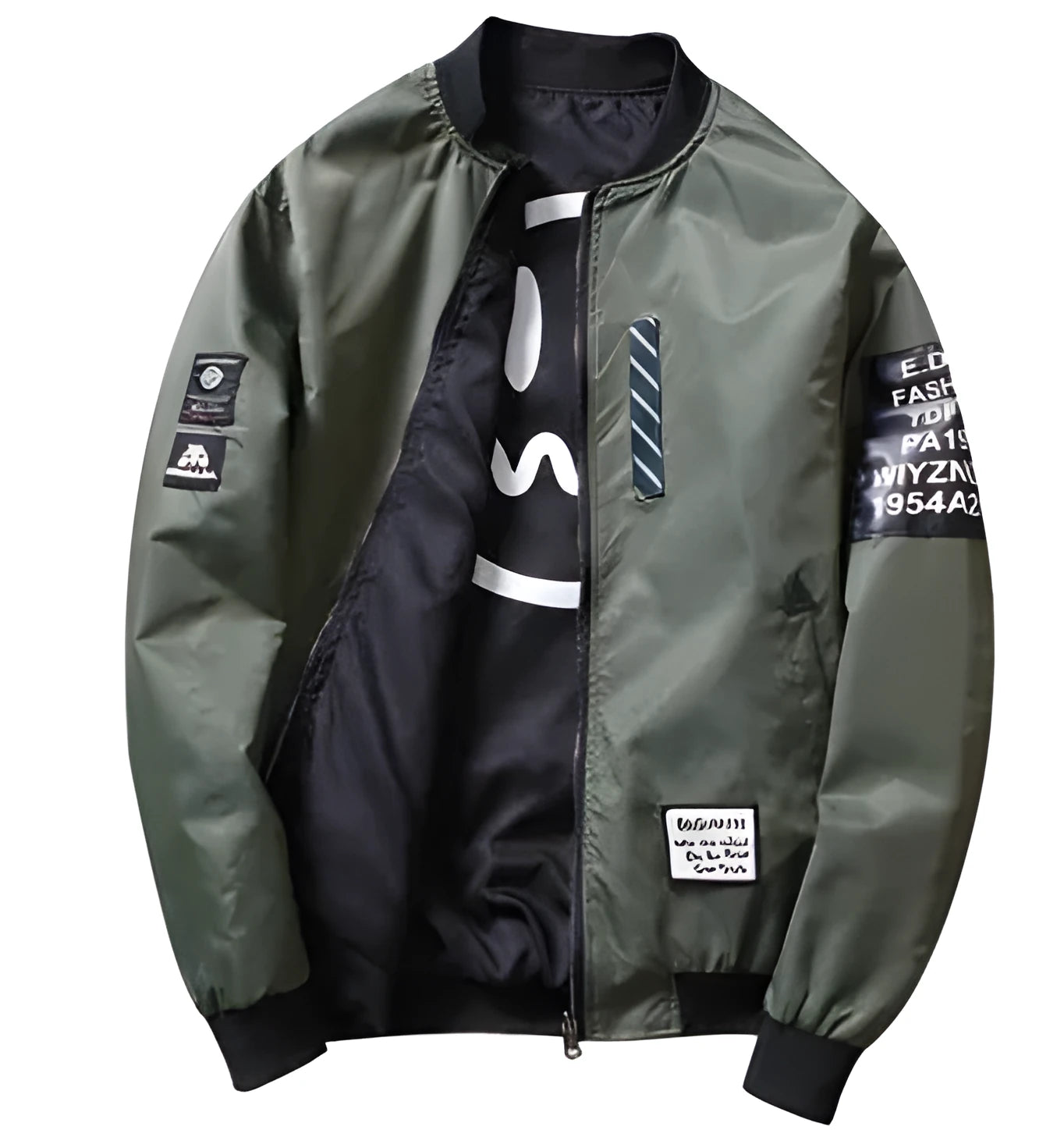 Reversible men's flight jacket showing striped and solid sides with zipper closure