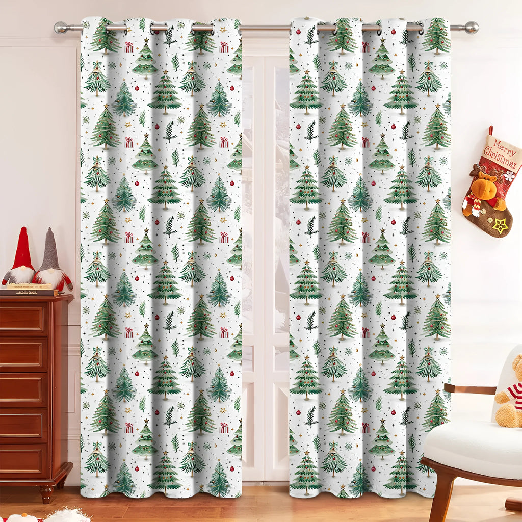 Modern Christmas Forest patterned polyester punching shading curtain hung on a window.