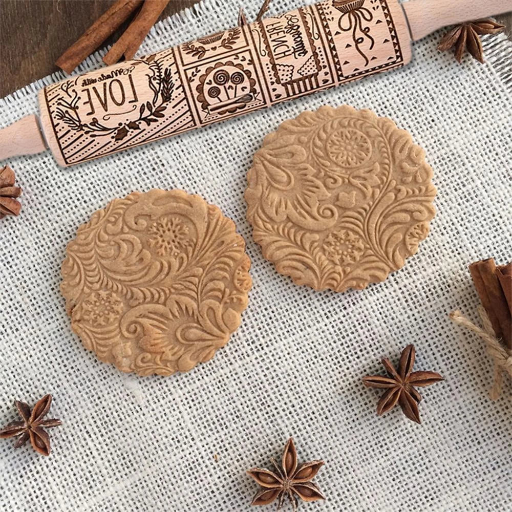 Christmas Snowflake Rolling Pin with detailed engraving on natural hardwood