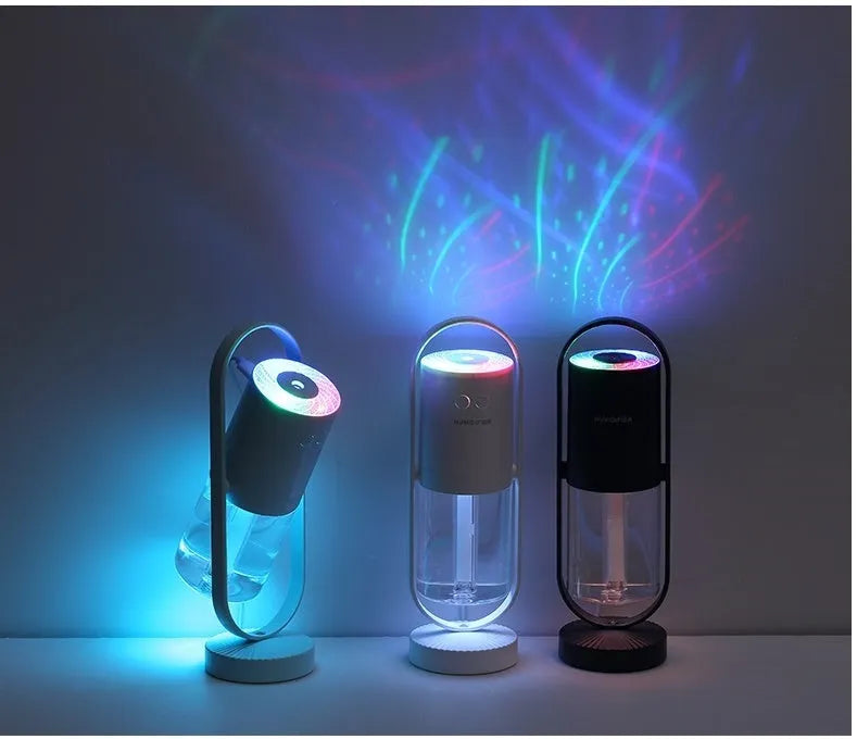 USB air humidifier with projection night light in pink, 200ml water tank, ultrasonic mist maker for car and home use