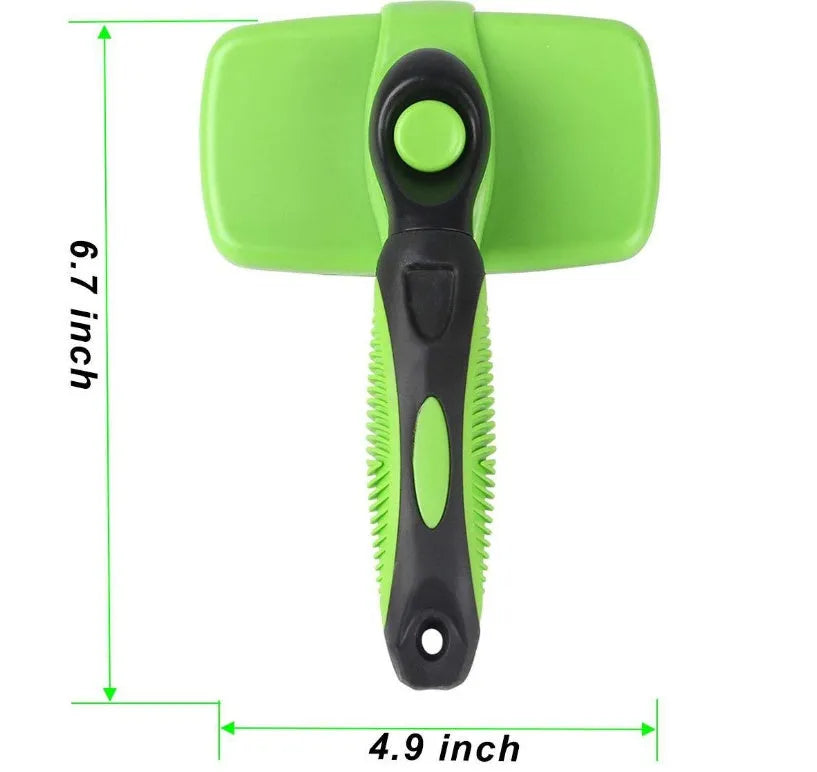 Pet self-cleaning slicker brush with stainless steel needles, green handle, comb surface 12.6 x 7cm, for dogs and cats