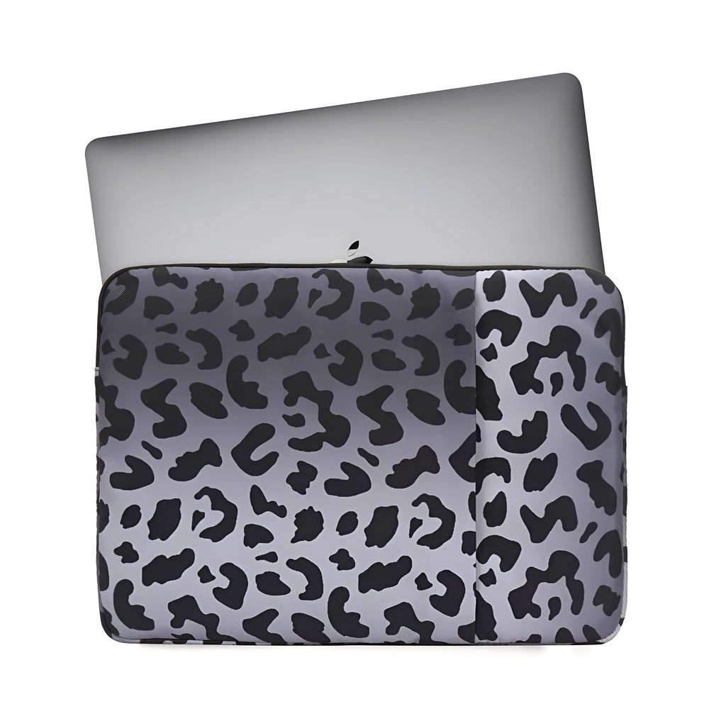 Leopard print laptop protective sleeve showing flannel interior and waterproof polyester exterior