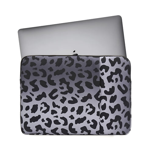 Leopard print laptop protective sleeve showing flannel interior and waterproof polyester exterior