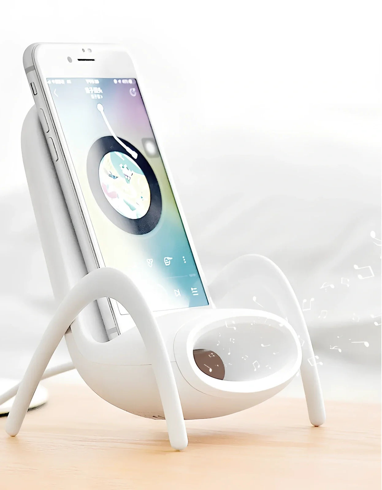 Black amplified wireless charger with bracket, 9.8 x 9.8 x 14.2 cm, for phone charging and audio boost