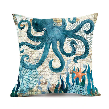 Decorative throw pillow covers featuring various marine-inspired designs like sea turtles, whales, octopus, and more on a linen background