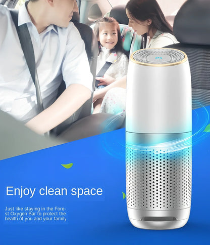 KQ-20 car air purifier in white, Ø74 × 196mm size filtering 0.3μm particles for vehicle cup holder use