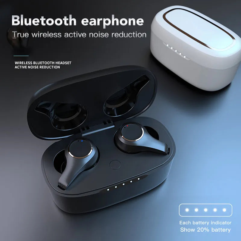 Black and white ANC active noise cancelling Bluetooth wireless earbuds with charging case
