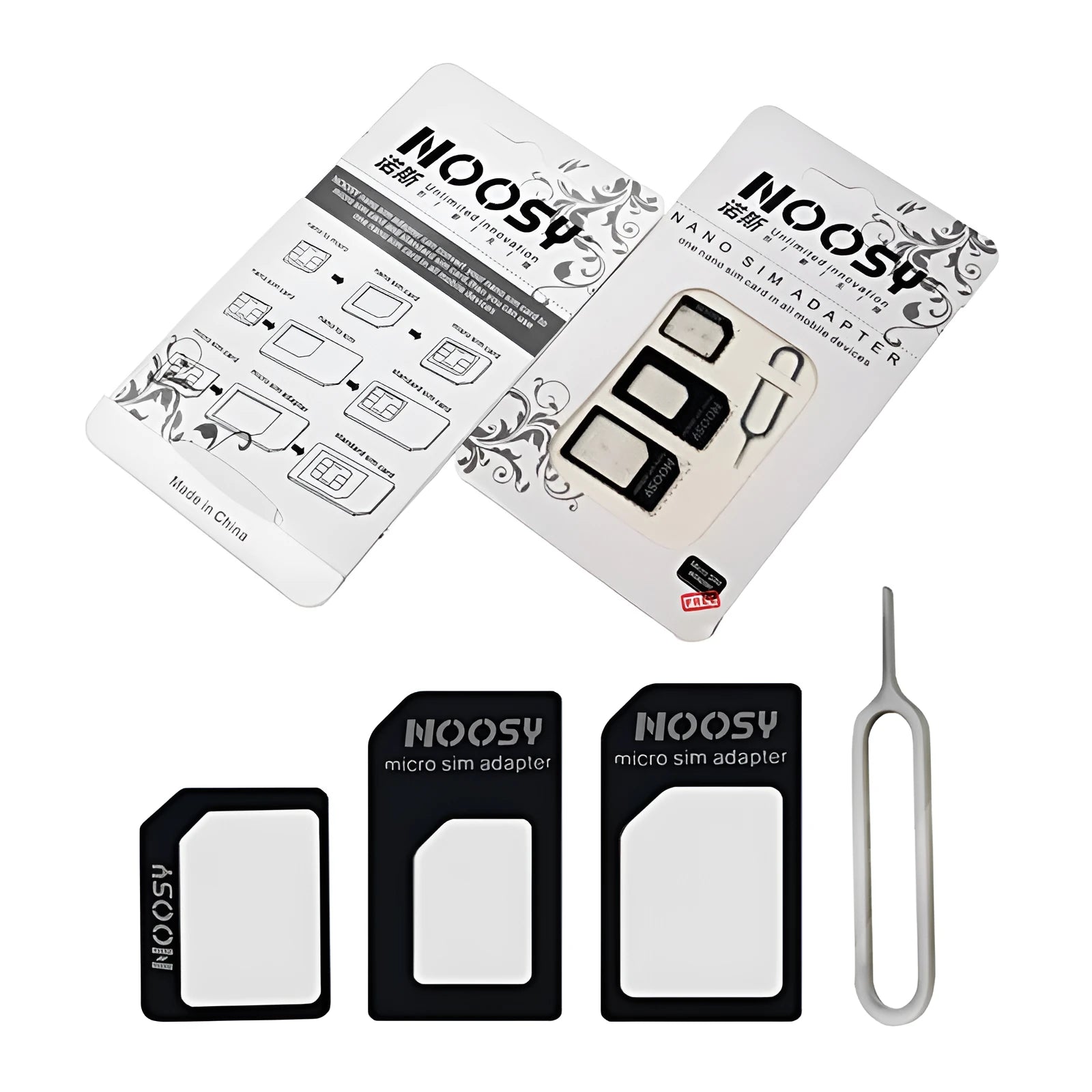 Three black and white plastic SIM card holders for memory chip storage.