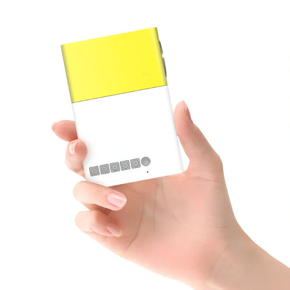 Yellow 1080P LED mini projector with HDMI ports, projecting 80-inch image from 1.2m distance