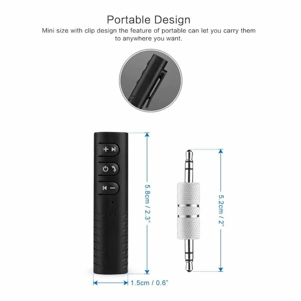 Black Bluetooth car audio receiver with 3.5mm adapter for wireless music streaming in vehicles