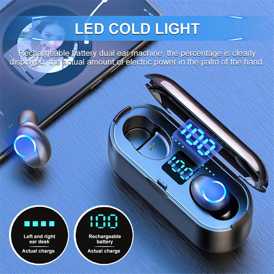 Binaural digital display Bluetooth headset in black with battery indicator