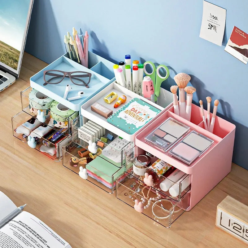 Transparent drawer desktop storage organiser box with internal partitions in pink colour