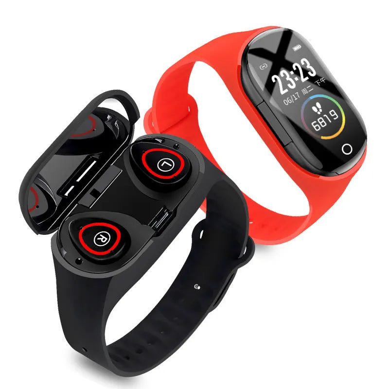 Blue smart bracelet earphone combo wearable with a 1-inch screen on a silicone wristband.