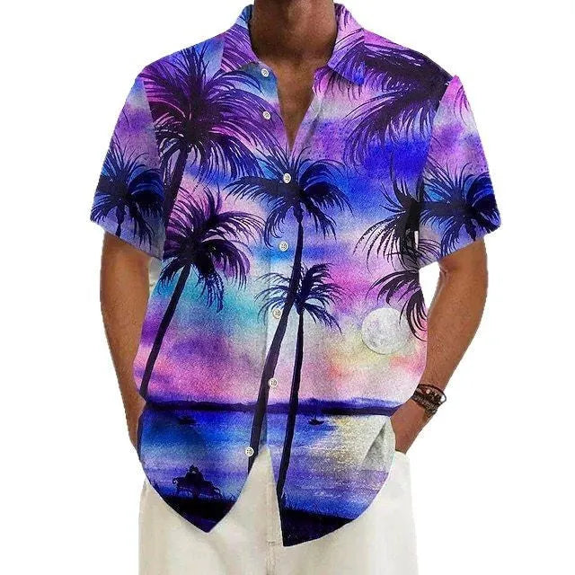 Men's printed casual shirt on a hanger, showing one of eight available colour options.