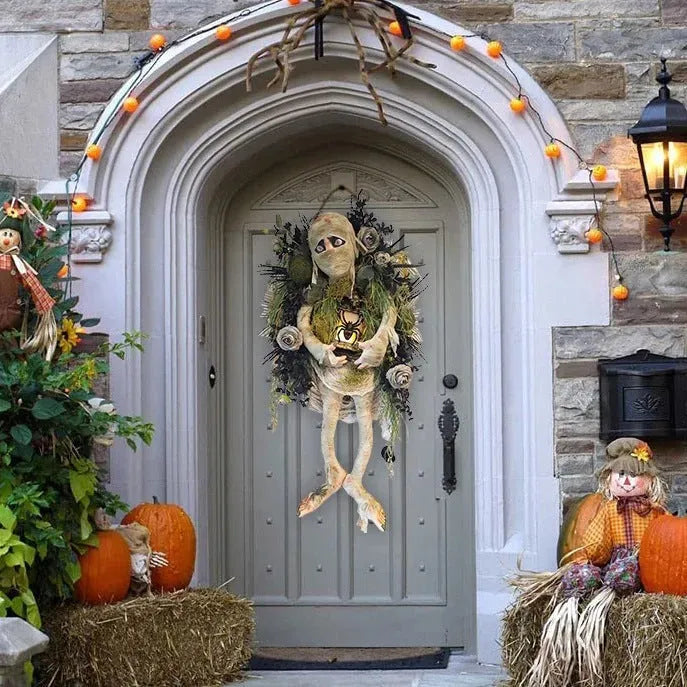 Realistic mummy Halloween wreath with skeleton hands, 46cm three dimensional handmade plastic decoration on door