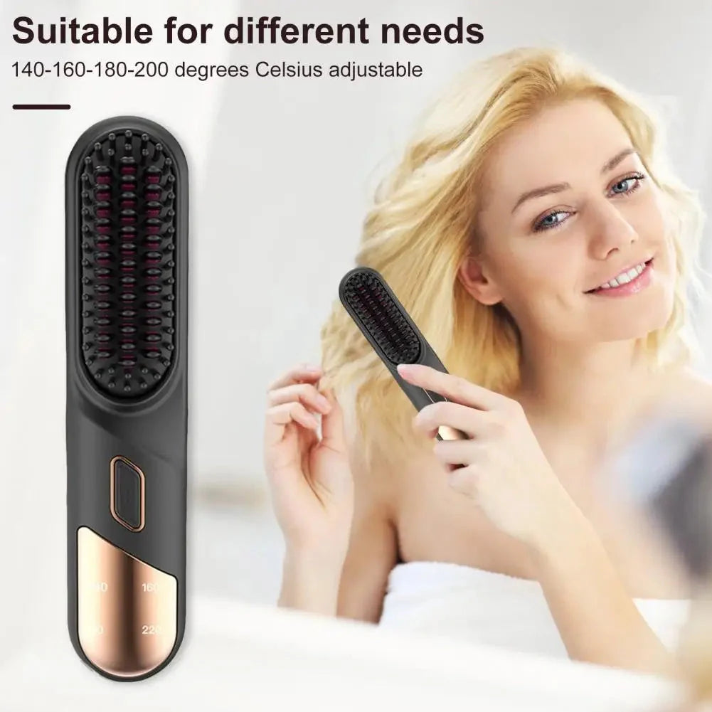 Cordless hair straightener brush in pink, black, and purple options for wet and dry hair styling