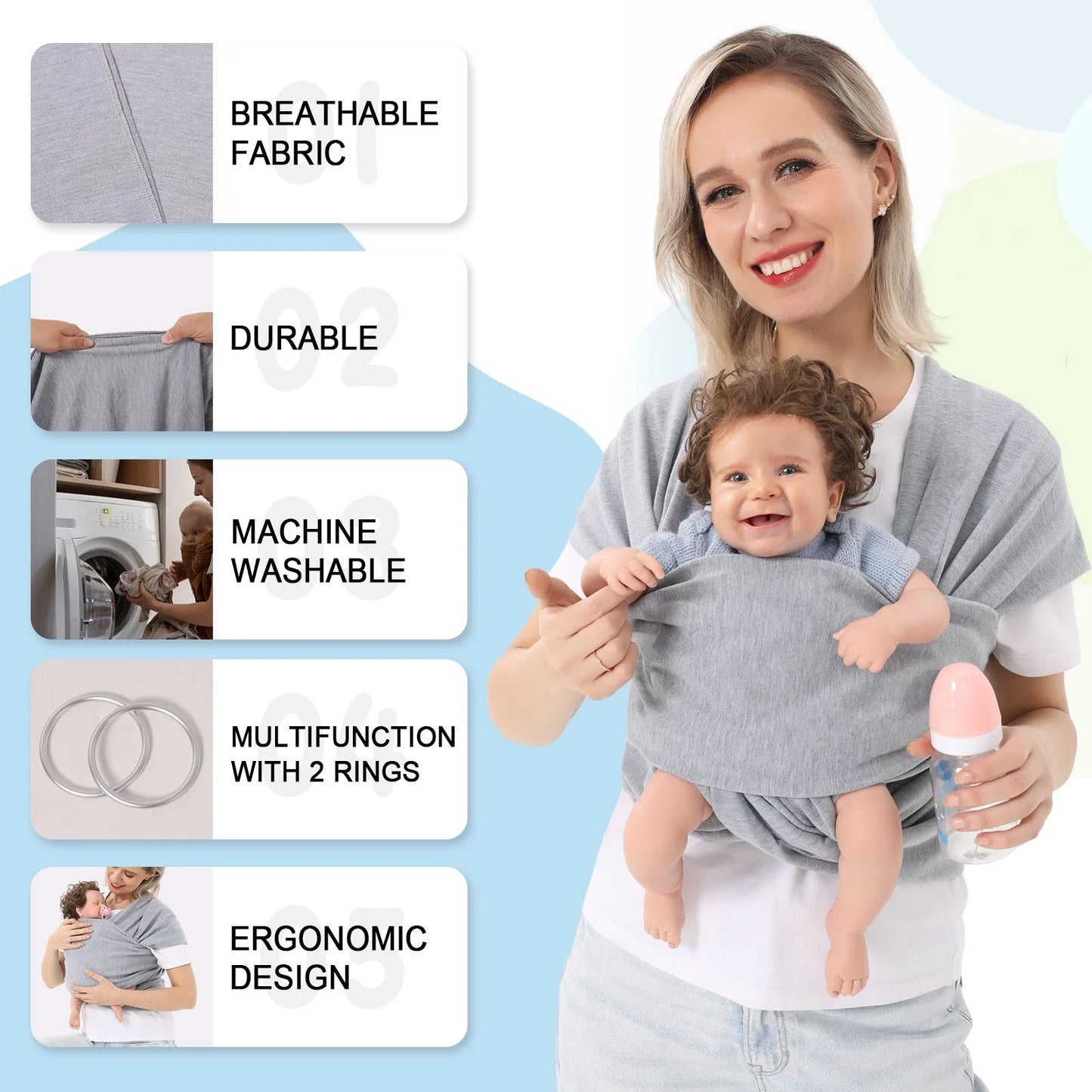 Multi-functional baby carrier wrap scarf in various colors for secure and comfortable baby carrying