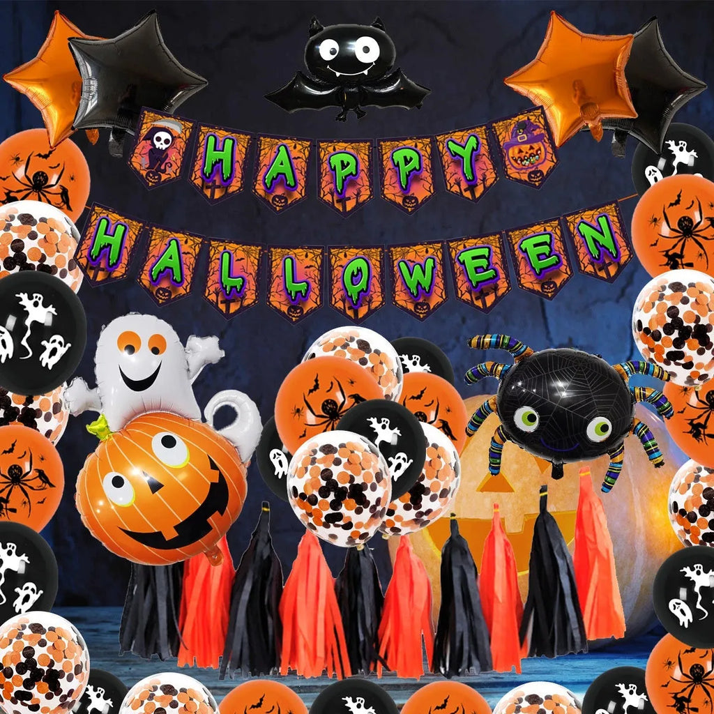 Halloween spider web balloon arch decoration set with skull and pumpkin themed balloons in white and black