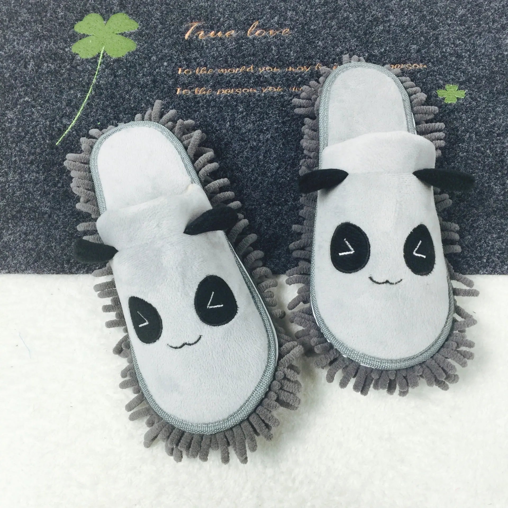 Beige Panda Lazy Mute Slippers with animal pattern, coral fleece upper, and chenille sole.