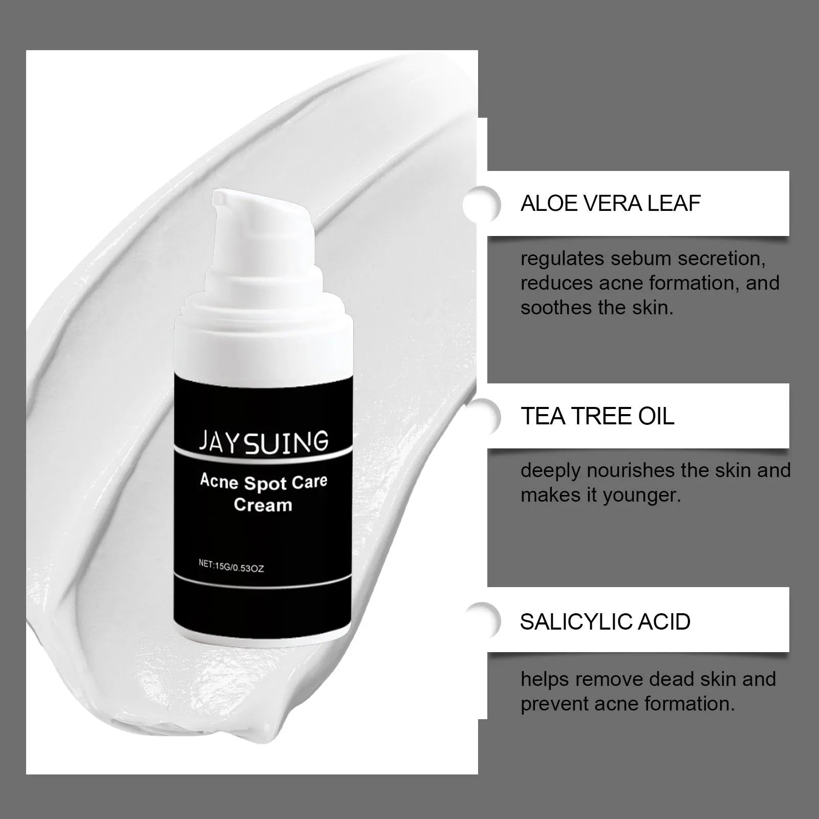 15g tube of acne removing face cream with mint leaf, tea tree oil, and aloe leaf ingredients