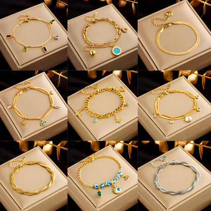 Gold plated titanium steel double-layer snake chain bracelet with five-pointed star charm