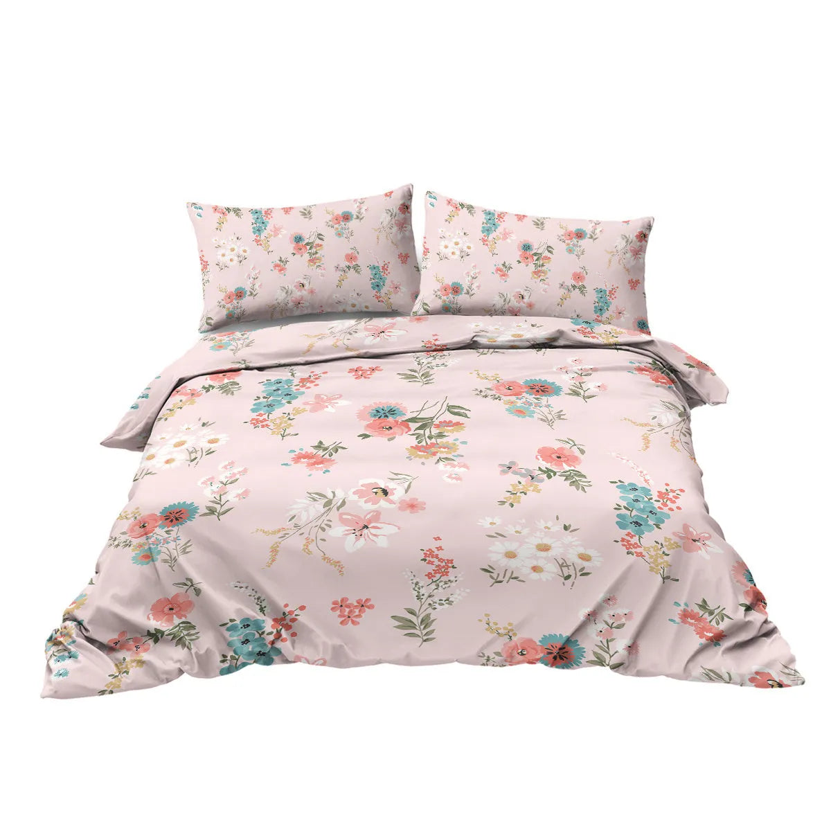 Pink floral microfiber duvet set with two pillow shams on a bed
