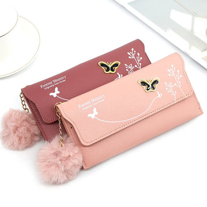 Ladies PU leather long hair ball bow purse with magnetic buckle in various colours